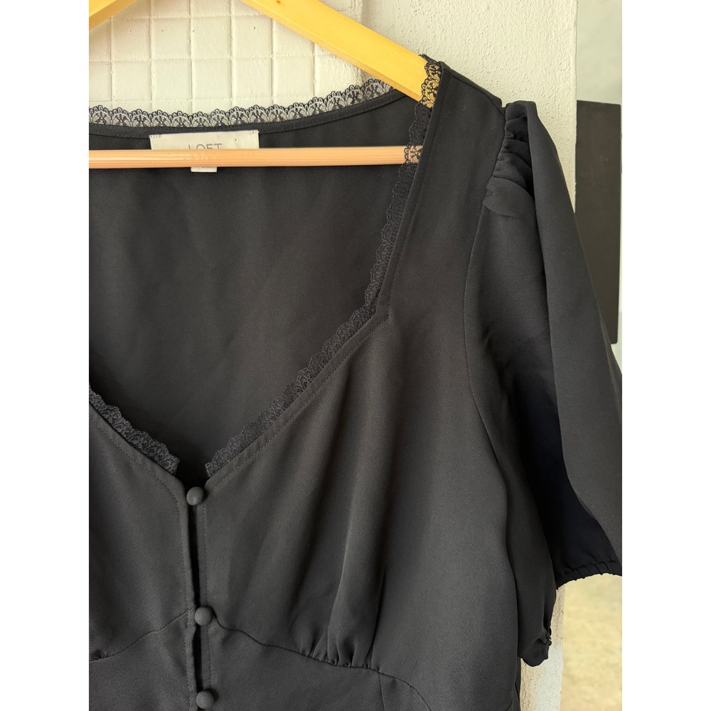 LOFT Black Lace-Trim Puff Sleeve Button Front Top - Picture 3 of 9